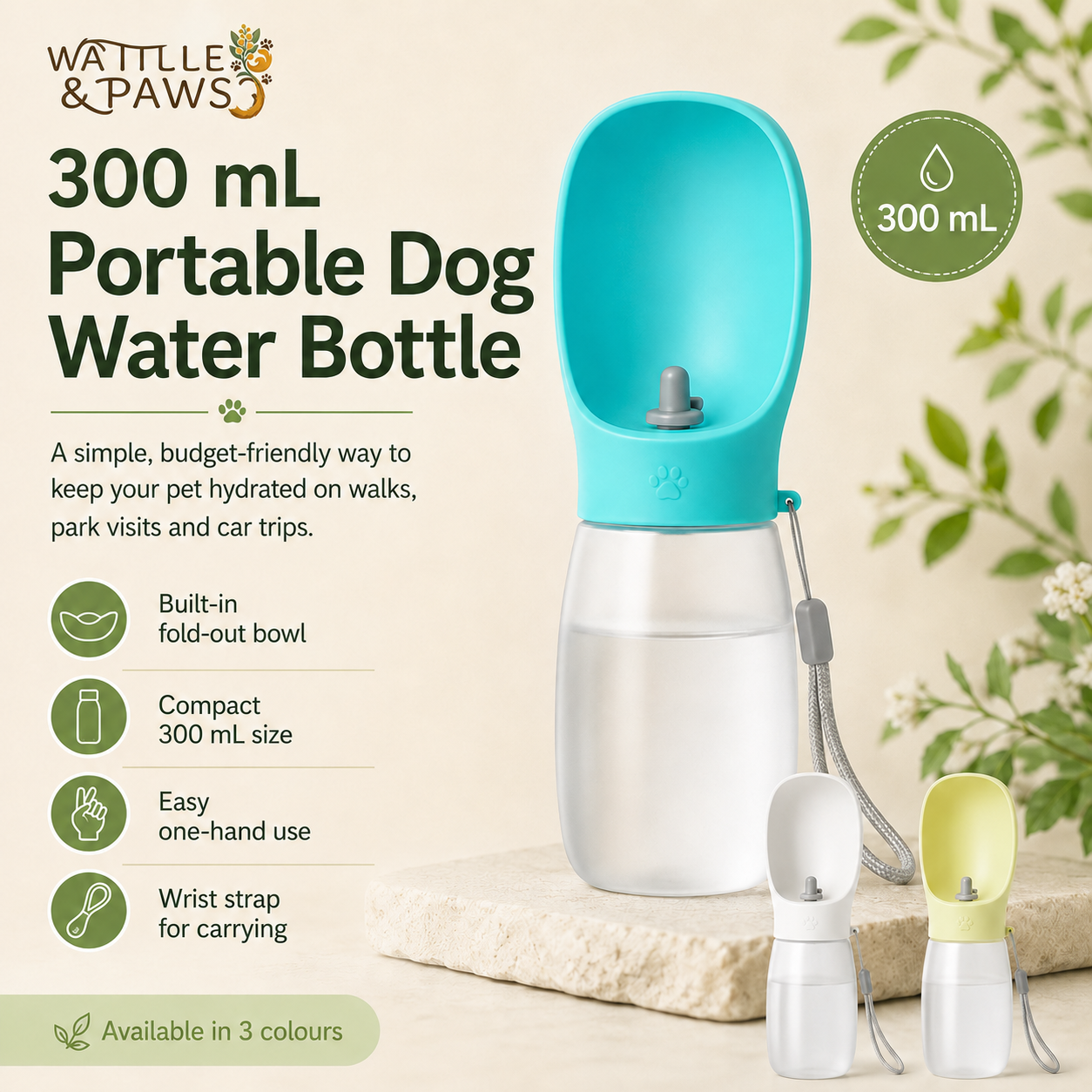 300 mL portable dog water bottle product overview