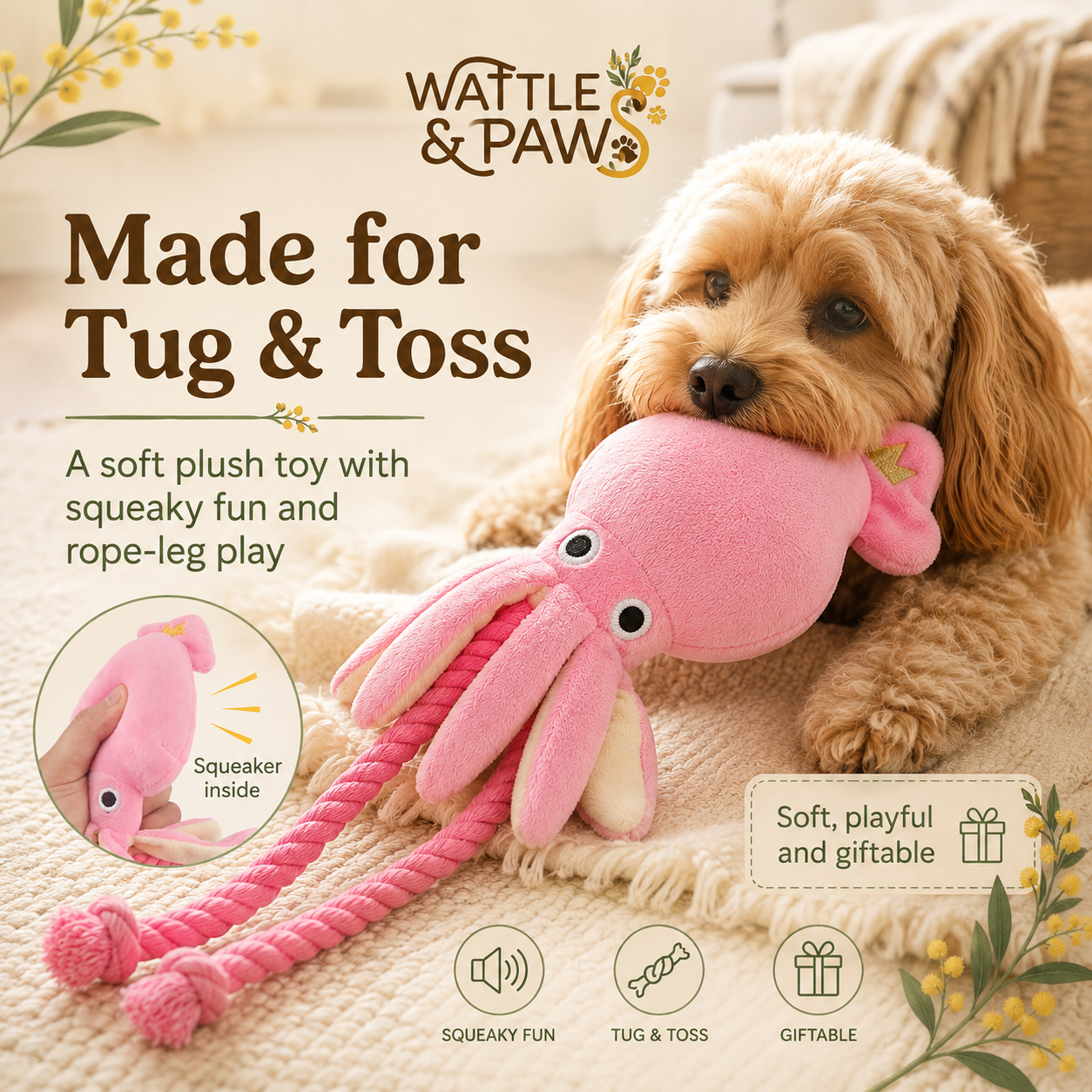 Dog playing with a plush octopus rope toy