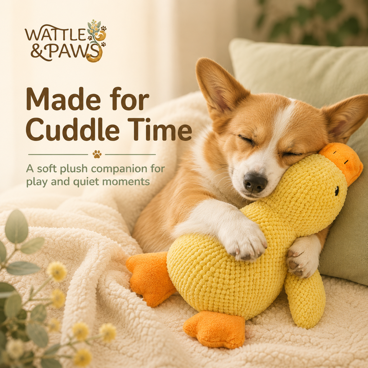Dog holding a squeaky duck plush toy