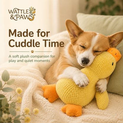 Dog holding a squeaky duck plush toy