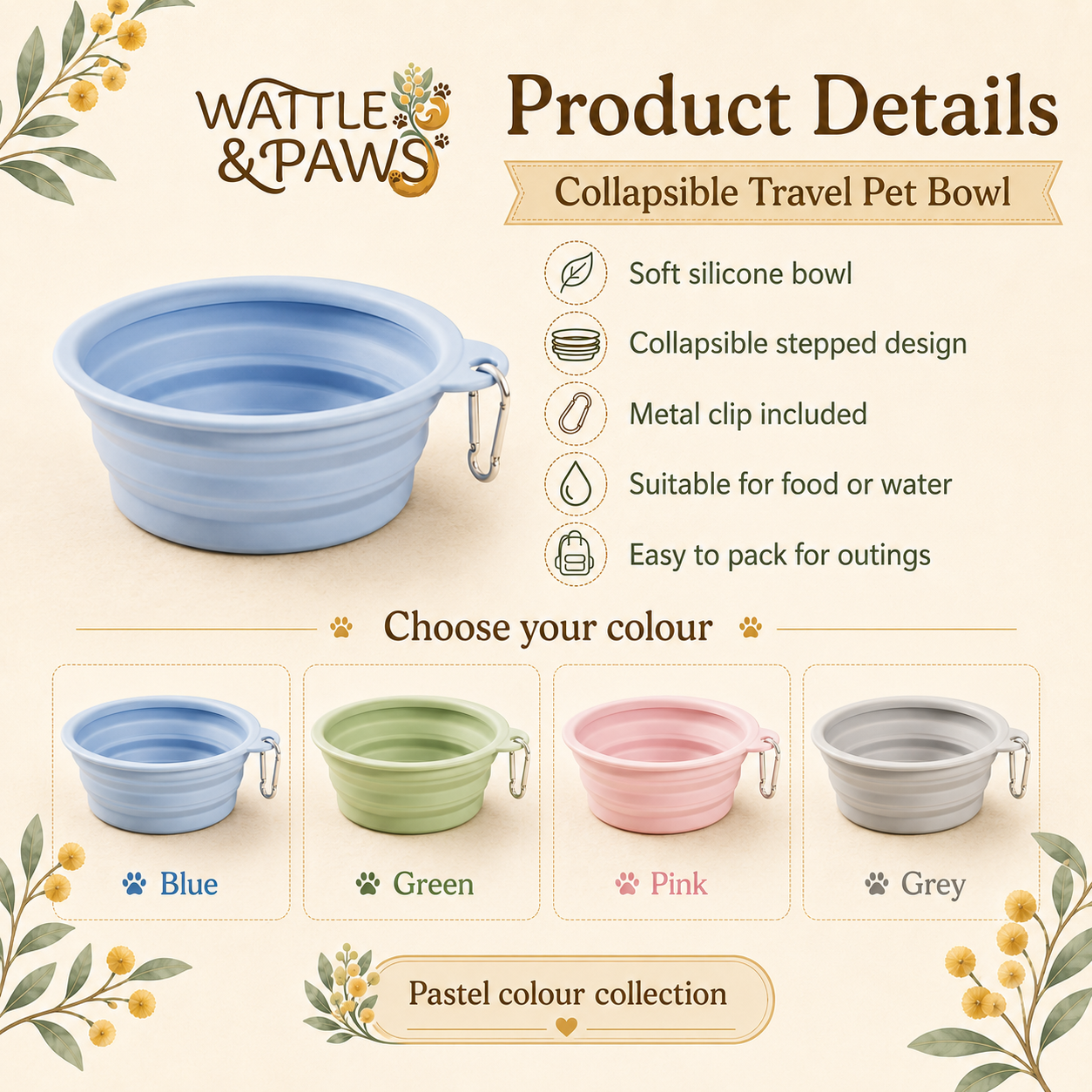 Collapsible pet bowl folded flat for easy storage