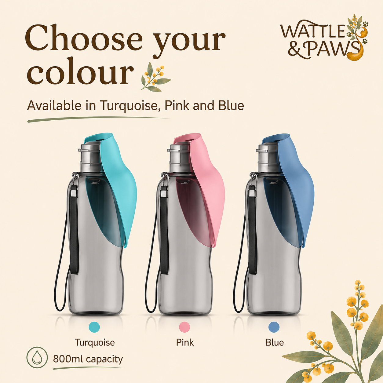 800 mL portable dog water bottle colour options