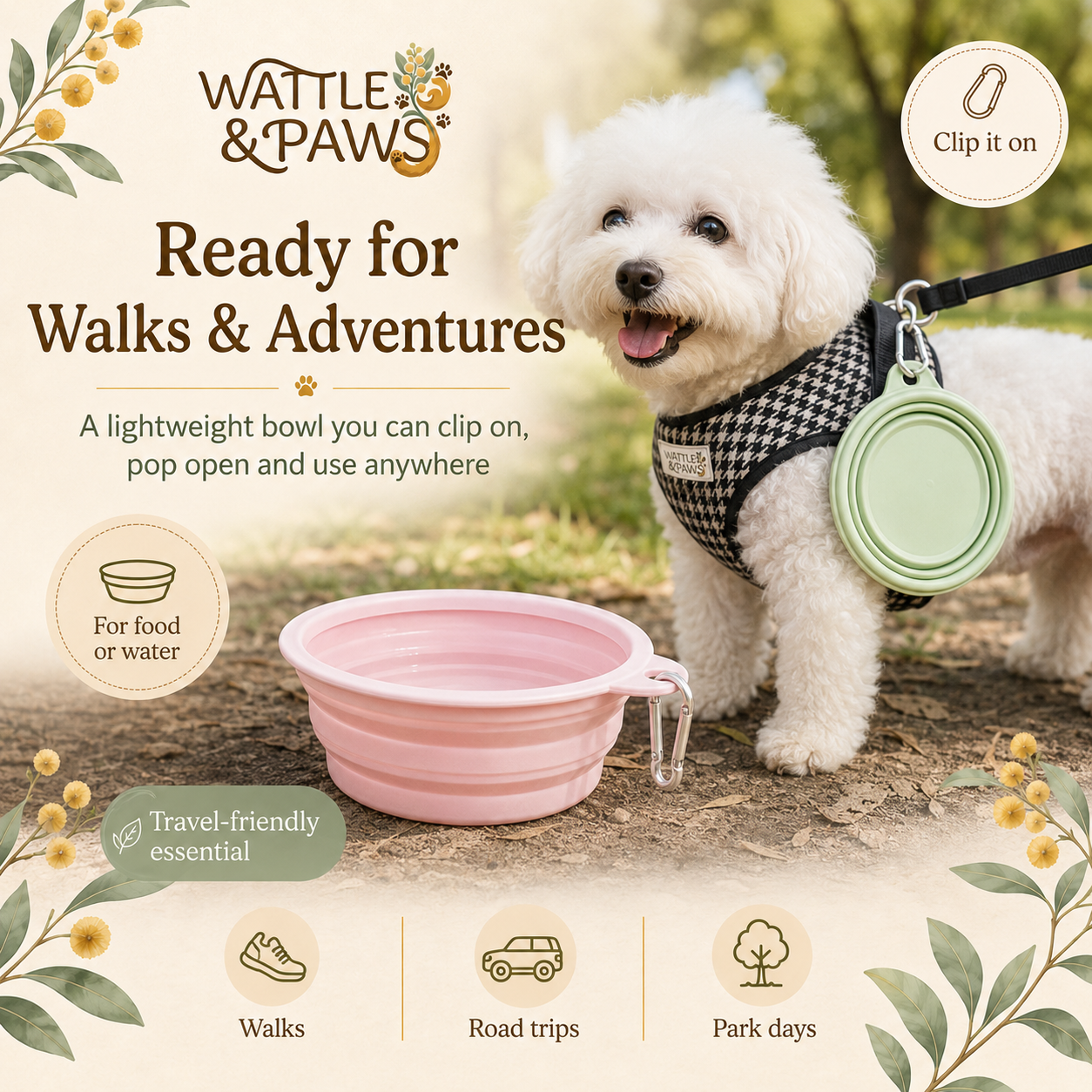 Collapsible travel bowl for pet food or water