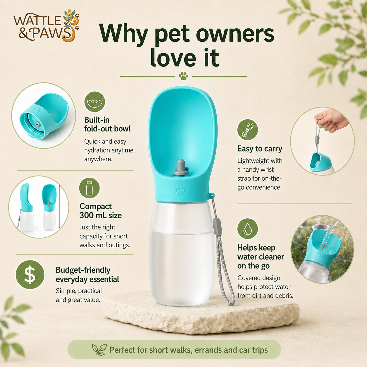 Features of the 300 mL portable dog water bottle