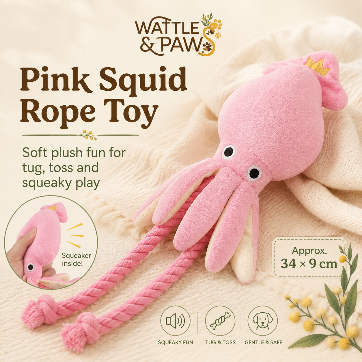Pink plush octopus rope dog toy