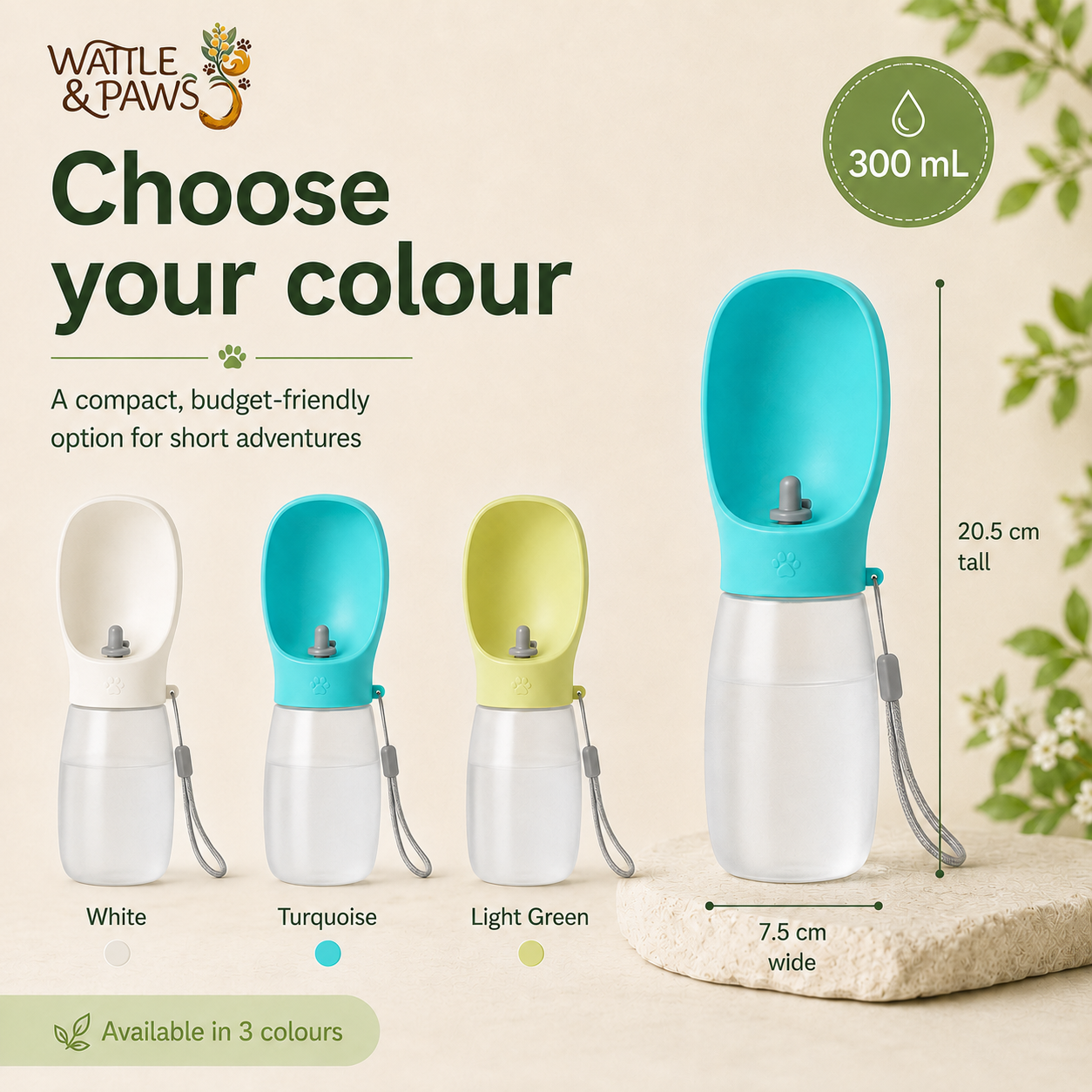 300 mL portable dog water bottle colours and dimensions